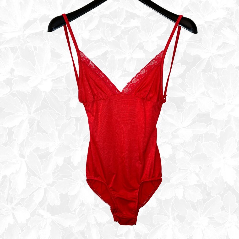 Vintage 1980s Red Bodysuit/Teddy with Lace. Estimated XS